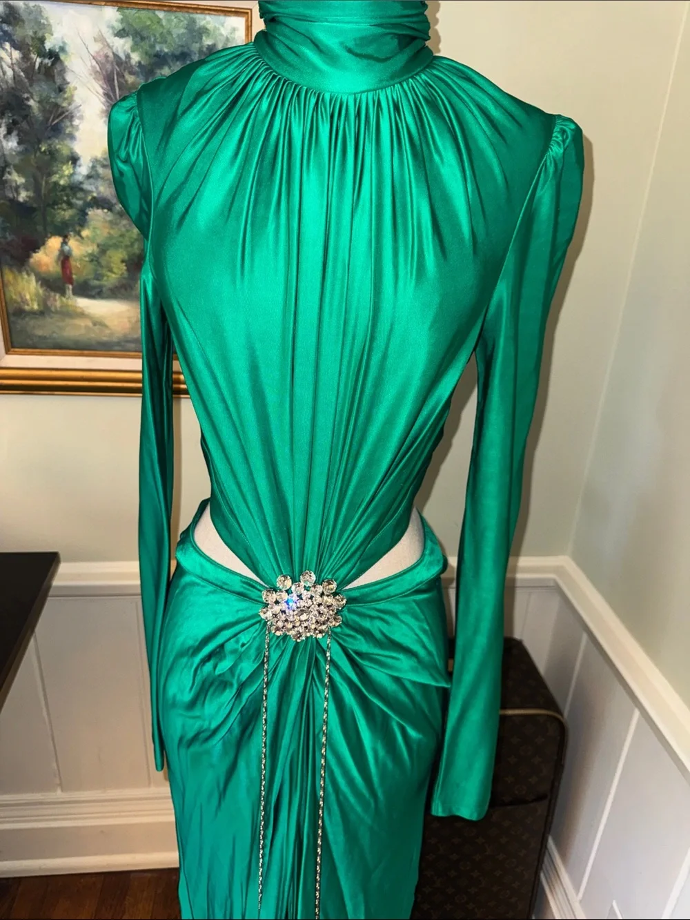 Paco Rabanne Size 44 M L Emerald Green Long Sleeve Evening Gown Dress